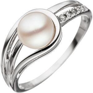 Gr. 52 - Damen Ring 585 Gold Wei&#223;gold 1 S&#252;&#223;wasser Perle 5 Diamanten Brillanten Goldring