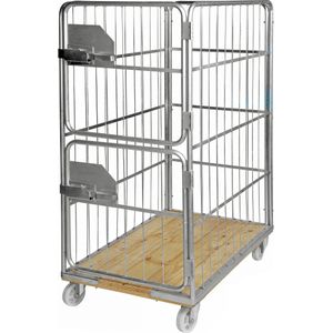 Kongamek Rollcontainer verzinkt 1200x750x1700mm mit Holzboden, 4 Gitterw&#228;nden 100x380mm und 2 halb &#246;ffnende T&#252;ren und Bremse