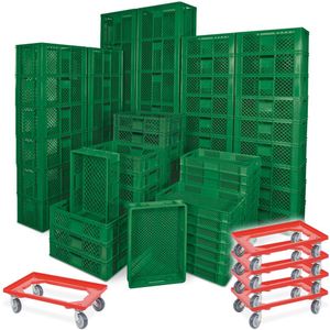 78 St&#252;ck Stapelk&#246;rbe B&#228;ckerk&#228;sten in 5 Gr&#246;&#223;en, Grundma&#223; LxB 600x400 mm, Farbe gr&#252;n + 5x Transportroller, rot, Rollbrett, Transportwagen, Kunststoffkiste, Beh&#228;lter, Transportkiste, Rollwagen