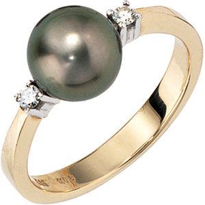 Gr. 54 - Damen Ring 585 Gold Gelbgold 2 Diamanten Brillanten 1 Tahiti Perle Perlenring