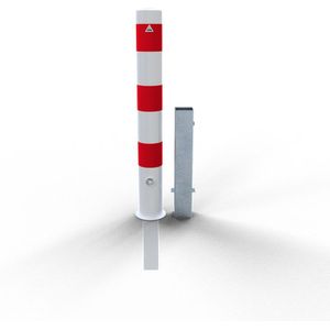 Schake Absperrpfosten herausnehmbar aus Stahlrohr verzinkt Ø108x2,9mm wei&#223; mit rot reflektierenden Leuchtstreifen, Dreikantverschluss und Stahlkappe 900mm &#220;berflur