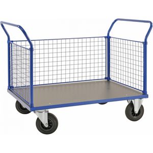 Kongamek Plattformwagen in blau 1366x800x1020mm mit MDF-Platte und 3 Gitterw&#228;nden mit Gummibereifung ohne Bremse