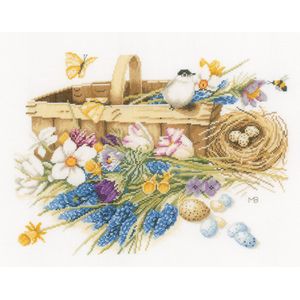 Lanarte PN-0155029 Fr&#252;hlingsblumen Korb mit Vogelnest Kreuzstichpackung