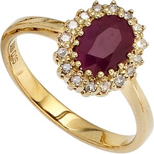 Gr. 50 - Damen Ring 585 Gold Gelbgold 1 Rubin rot 16 Diamanten 0,16ct. Goldring