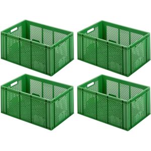 4 Eurobeh&#228;lter Gem&#252;sesteigen, LxBxH 600x400x275 mm, Inhalt 54 Liter, gr&#252;n, Boden und Seitenw&#228;nde durchbrochen, Kunststoffkiste, Beh&#228;lter, Transportkiste