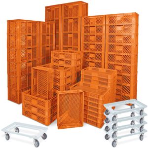 78 St&#252;ck Stapelk&#246;rbe B&#228;ckerk&#228;sten in 5 Gr&#246;&#223;en, Grundma&#223; LxB 600x400 mm, orange + 5x Transportroller, wei&#223;, Rollbrett, Transportwagen, Kunststoffkiste, Beh&#228;lter, Transportkiste, Rollwagen