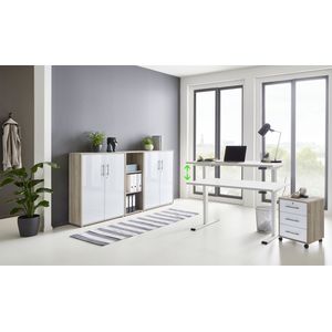 BMG M&#246;bel B&#252;rom&#246;bel komplett Set mit elektrisch h&#246;henverstellbaren Schreibtisch in wei&#223; Arbeitszimmer e-Dition in Eiche Sonoma wei&#223; Hochglanz lackiert Gestell wei&#223;