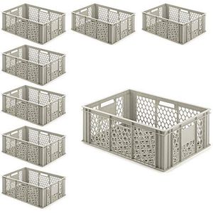 8x Eurobeh&#228;lter 'Basic' durchbrochen, 600x400x220 mm, 42,5 Liter, 4 Durchfassgriffe, PE-HD, kieselgrau, Kunststoffkiste, Beh&#228;lter, Transportkiste