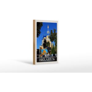 Holzschild Reise 12x18 cm Belarus Europa Architektur blau beige in sign