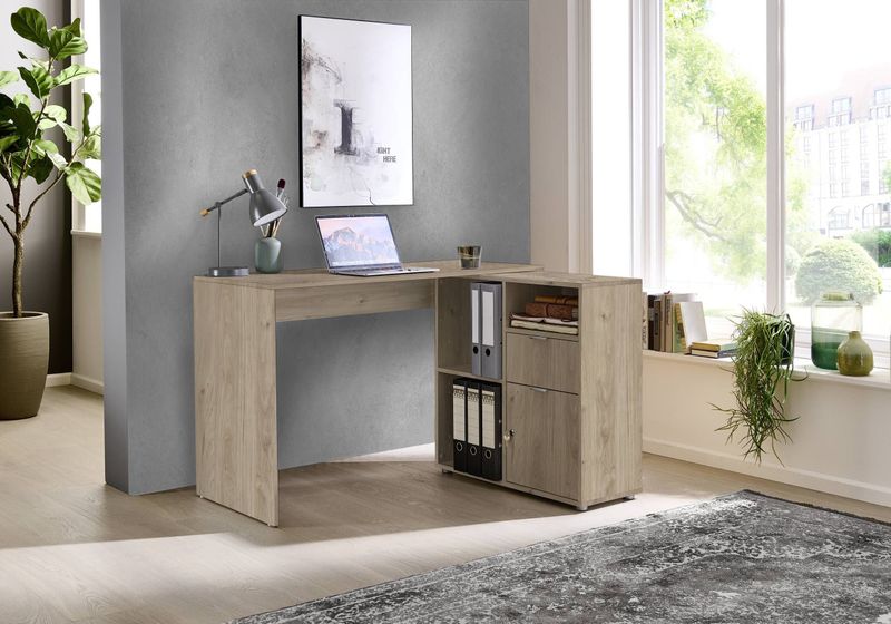 BMG M&#246;bel Eckschreibtisch Leni, Homeoffice Schreibtisch abschlie&#223;bar mit Kommode in Jackson Hickory Oak