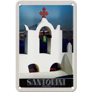 Blechschild Reise 12x18cm Santorini Insel Meer Kreuz Kirche Schild