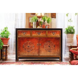 Vintage Kommode Rot Orange verziert chinesisch Schrank Sideboard Kolonial-Stil Antik-Stil Lowboard asiatisch orientalisch Fernost shabby-chic Landhaus
