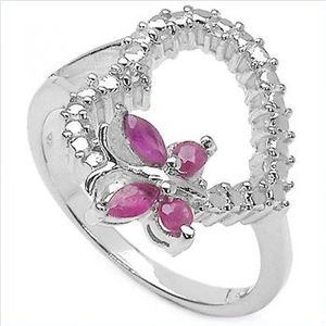 Herz Schmetterling-Ring-Silber-Rhodiniert 1 Diamant,4 Rubine (Ringgr&#246;&#223;e: 53 (17,0 mm))