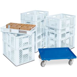 11 Eurobeh&#228;lter Stapelk&#246;rbe in 4 H&#246;hen, PE-HD, wei&#223;, LxB 600x400 mm, inkl. GRATIS Transportroller, Rollbrett, Transportwagen, Kunststoffkiste, Beh&#228;lter, Transportkiste, Rollwagen