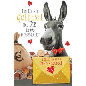 Allgemeine W&#252;nsche Geldgeschenkkarte mit Umschlag Esel Goldesel Herzenswunsch