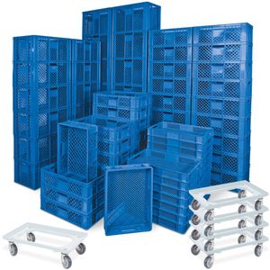 78 St&#252;ck Stapelk&#246;rbe B&#228;ckerk&#228;sten in 5 Gr&#246;&#223;en, Grundma&#223; LxB 600x400 mm, blau + 5x Transportroller, wei&#223;, Rollbrett, Transportwagen, Kunststoffkiste, Beh&#228;lter, Transportkiste, Rollwagen