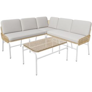 Rattan-Garnitur Gartengarnitur Sitzgruppe Sofa Lounge Gartenlounge Lounge mit Ecksofa Gehaertetem GlasTisch und Auflagen Aprikosengrau und Natur