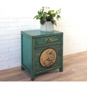Nachttisch Vintage Gr&#252;n Beige verziert Kommode K&#228;stchen chinesisch Asien Exotisch Kolonial-Stil Antik-Stil Lowboard orientalisch Fernost shabby-chic Landhaus