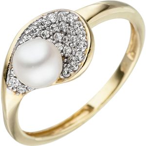 Gr. 58 - Damen Ring 375 Gold Gelbgold 1 S&#252;&#223;wasser Perle 36 Zirkonia Perlenring