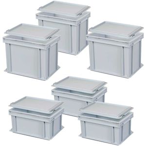 Set, 6 Euroboxen mit Deckel, Industriequalit&#228;t, 3x LxBxH 300x200x150 mm, 3x 300x200x220 mm, grau, Kunststoffkiste, Beh&#228;lter, Transportkiste