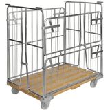 Kongamek Rollcontainer verzinkt 1200x800x1420mm mit Holzboden, 4 Gitterw&#228;nden und 1 T&#252;r in der H&#228;lfte zu &#246;ffnen ohne Bremse