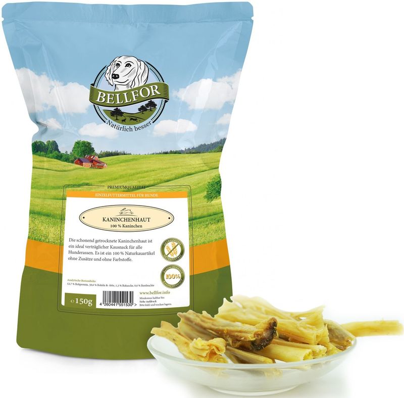 Gesunder Hundesnack - Kaninchenhaut von Bellfor Hundefutter - 150g - 100% Natur