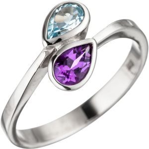Gr. 56 - Damen Ring 925 Sterling Silber 1 Amethyst lila violett 1 Blautopas hellblau blau