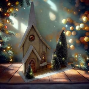 HAGO24 Beleuchtetes Weihnachtshaus Holz warmwei&#223;e LEDs Timer Deko Winter Weihnachten 28x9x34cm Batteriebetrieb 2xAA Kunstschnee rustikales Design Fensterbank Tischdeko