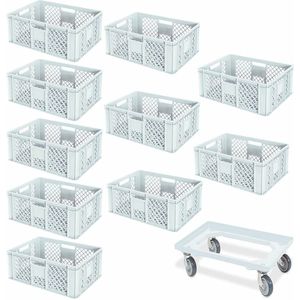 10 Eurobeh&#228;lter, LxBxH 600x400x240 mm, Industriequalit&#228;t, lebensmittelecht + 1 Transportroller, wei&#223;, Rollbrett, Transportwagen, Kunststoffkiste, Beh&#228;lter, Transportkiste, Rollwagen