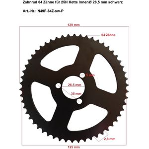 Zahnrad 64 Z&#228;hne f&#252;r 25H Kette InnenØ 26,5 mm schwarz