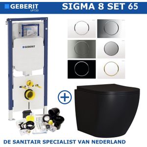 Geberit Sigma 8 (UP720) Toiletset set65 Mudo Rimless Mat Zwart Met Sigma 10 Drukplaat