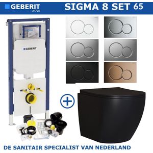 Geberit Sigma 8 (UP720) Toiletset set65 Mudo Rimless Mat Zwart Met Sigma 01 Drukplaat