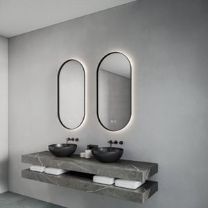 Spiegel Gliss Design Aura 40x100cm Mat Zwart Ovaal Met LED Verlichting & Geïntegreerde Spiegelverwarming Gliss Design