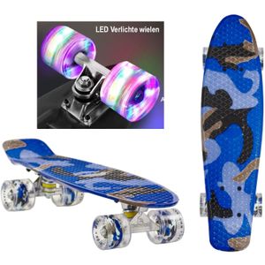 Sajan - Skateboard - LED - Penny board - Camouflage Blauw - 22.5 inch - 56cm - Skateboard met Verlichting
