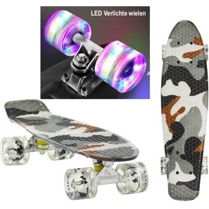 Sajan - Skateboard - LED - Penny board - Camouflage Grijs - 22.5 inch - 56cm - Skateboard met Verlichting