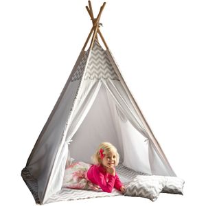Speeltent - Tipi Tent - Met Grondkleed & Kussens - Speelhuisje - Tent voor kinderen - Grijs-Wit