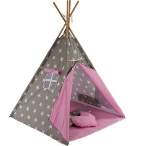 Speeltent - Tipi Tent - Met Grondkleed & Kussens - Speelhuisje - Tent voor kinderen - Grijs-Roze