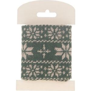 Kerstdecoraties - Katoenen Lint Met Sneeuwvlokken Print Groen - Breed 106cm Hoog 8cm