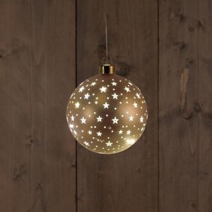 Kerstverlichting - B.o. Glas Bal Mat Goud Met Sterren /led Warm Wit - 2xaaa - Hoog 12cm