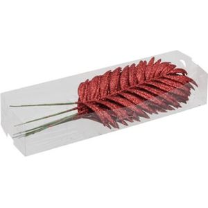 Kerststekers - Pet 8 Glitter Palm Leaves/wire Red - Hoog 16cm