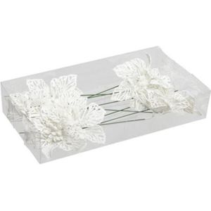 Kerststekers - Pet 8 Glitter Flowers/wire White Ø 10cm