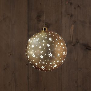 Kerstverlichting - B.o. Glas Bal Mat Goud Met Sterren /led Warm Wit - 2xaaa - Hoog 15cm