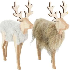 Kerstfiguren - Deer Wood With Fabric 2 Grey/brown - Breed 16cm Diep 6cm Hoog 18cm - Willekeurig 1