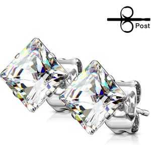 Set oorknopjes met gekleurd vierkant kristal - 9 mm - helder