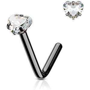 Zwarte titanium plated neus stud met helder hartvormig kristal - 1 mm