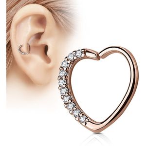 Rosé gouden piercing ring met hartvorm en heldere kristallen - Links