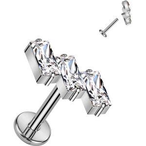 Titanium Intern Geschroefde Labret met sierlijke Baquette kristallen - Zilver