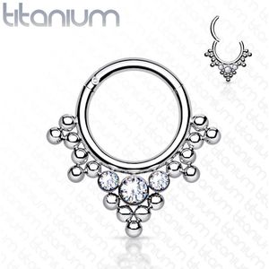 Titanium piercing ring met vast segment en kristallen en kralen – 8 mm
