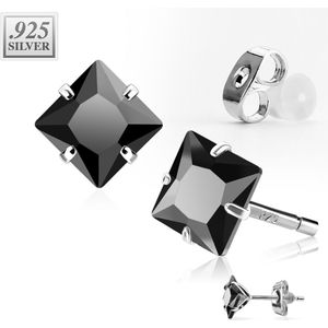 Paar .925 sterling zilveren oor studs met vierkanten kristal – 9 mm – Zwart