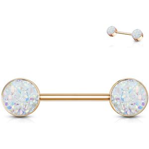 Rosé gouden tepelpiercing barbell met gekleurde ruwe steentjes - Wit